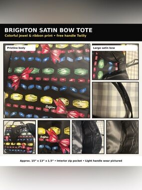 Brighton Satin Bow Tote Bag Colorful Jewel Ribbon Print Large Black Tote